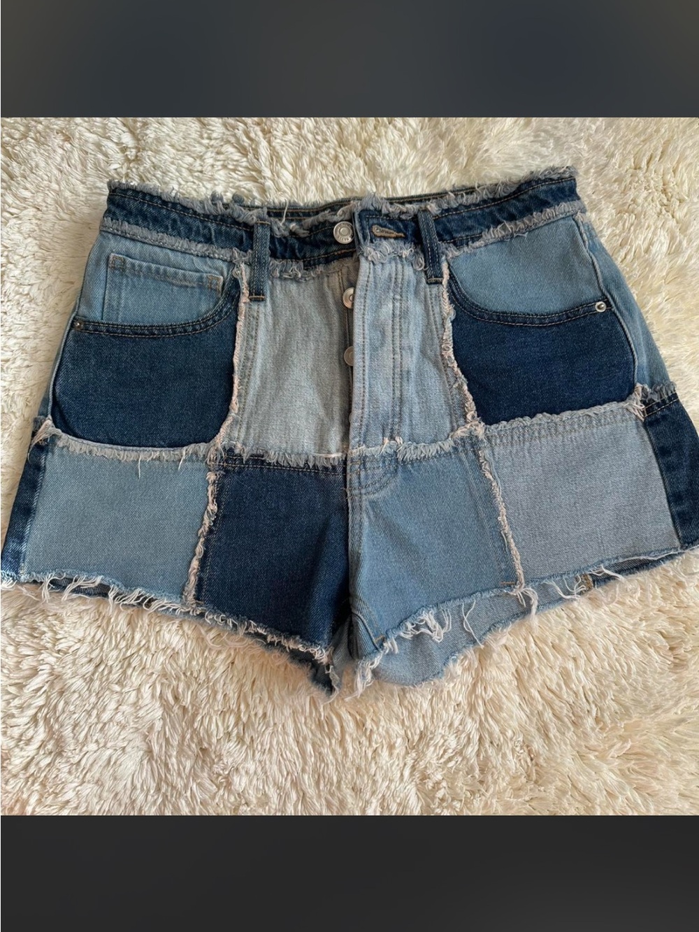Patchwork High-Waist Denim Shorts - Blue